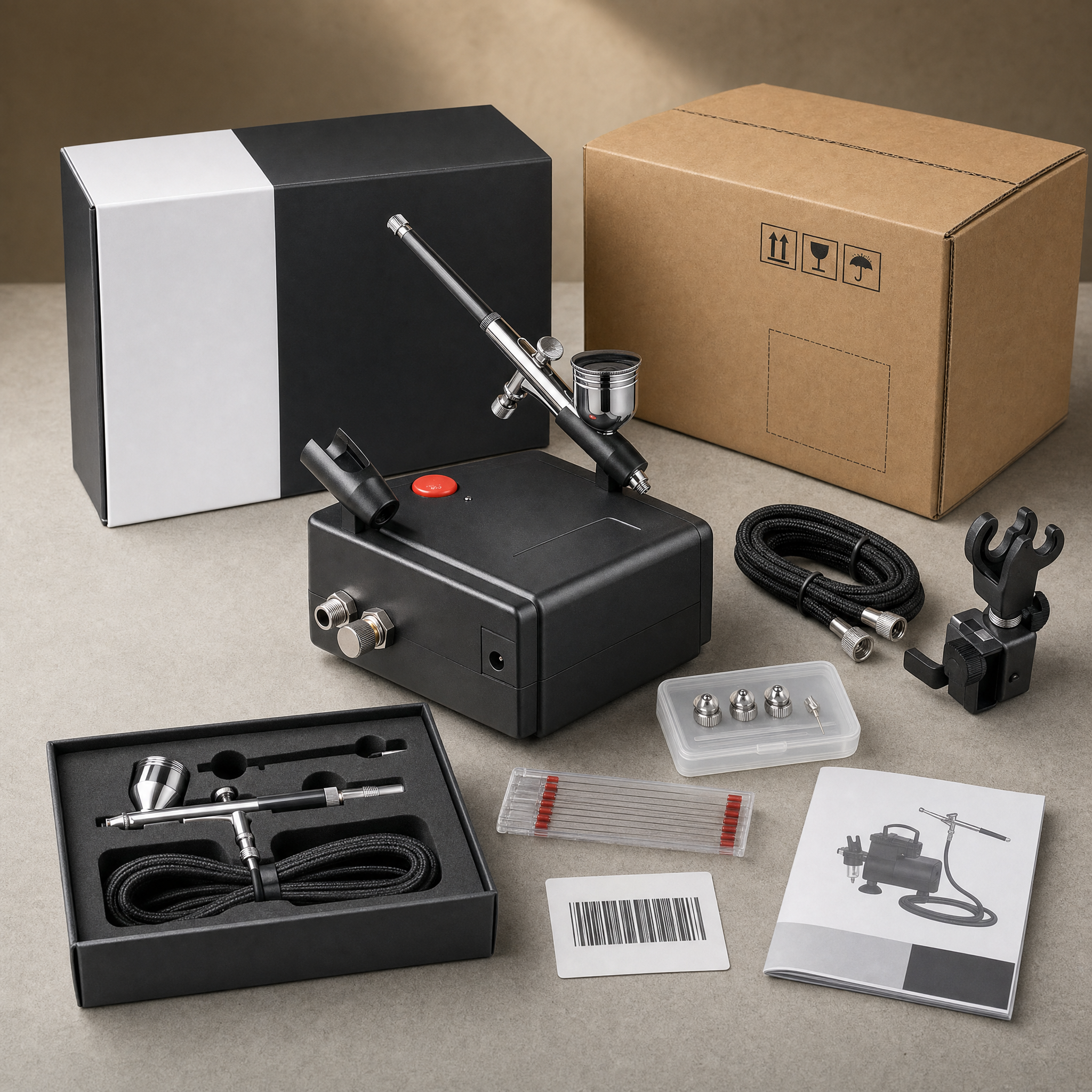 Airbrush kit, compressor, hose, accessories and packaging