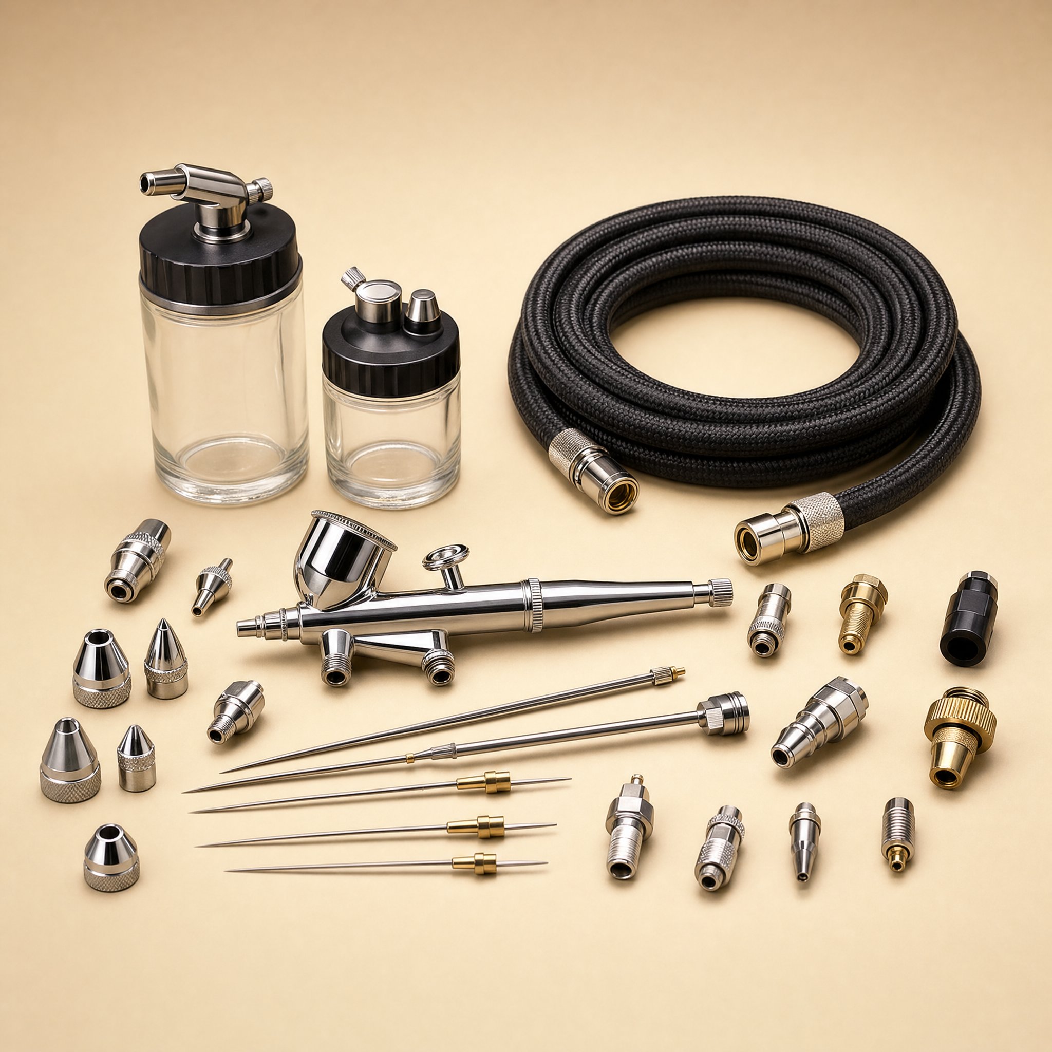 Airbrush hoses connectors and accessories arranged for comparison